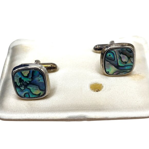 Vintage Ariki Palladium Plate Paua Shell Cufflinks In Original Box A576 - Picture 1 of 5